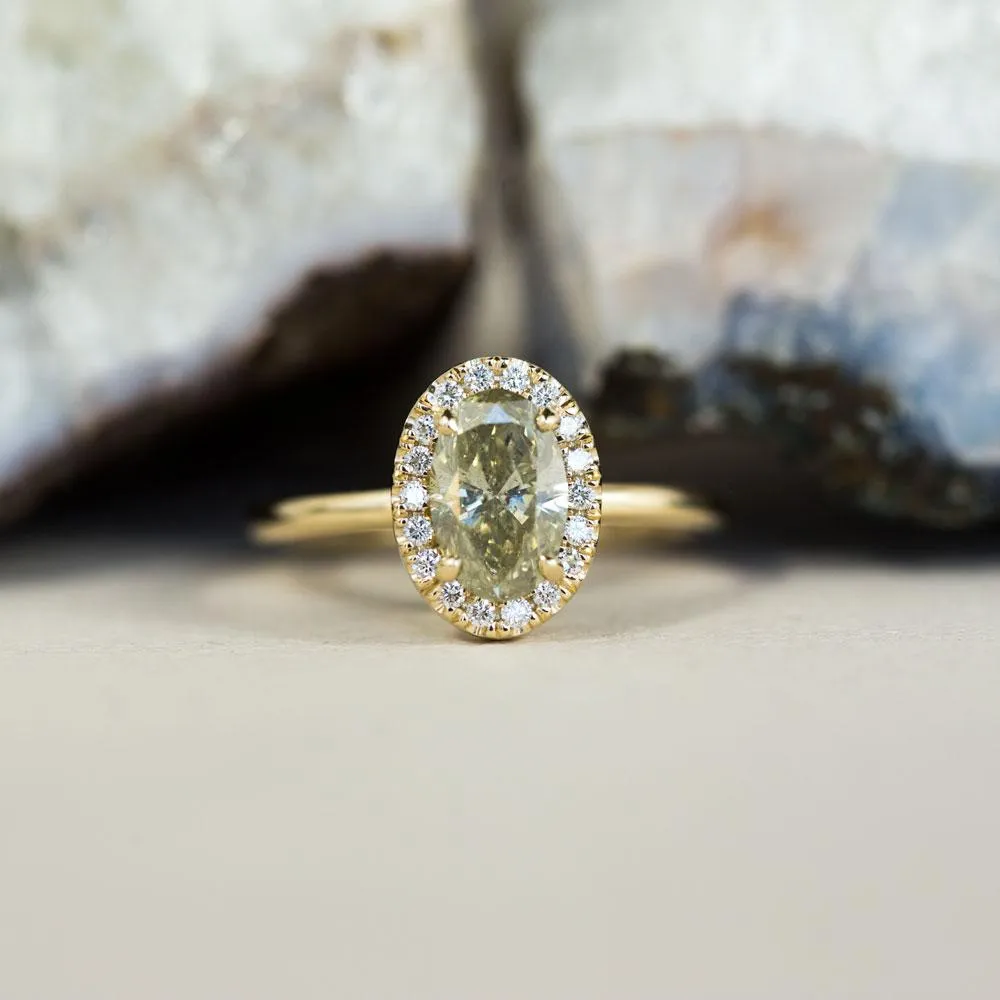 1.12ct Green-Grey Oval Diamond in 14k Yellow Gold Halo Setting