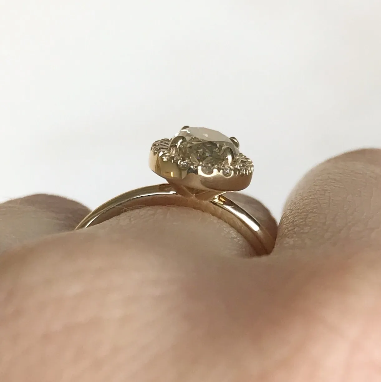 1.12ct Green-Grey Oval Diamond in 14k Yellow Gold Halo Setting