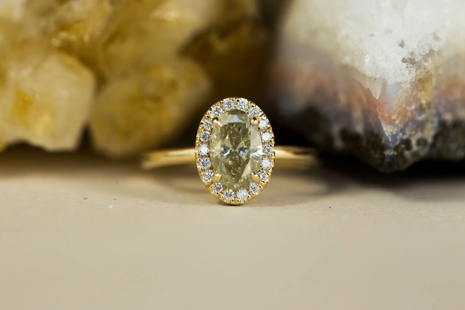 1.12ct Green-Grey Oval Diamond in 14k Yellow Gold Halo Setting