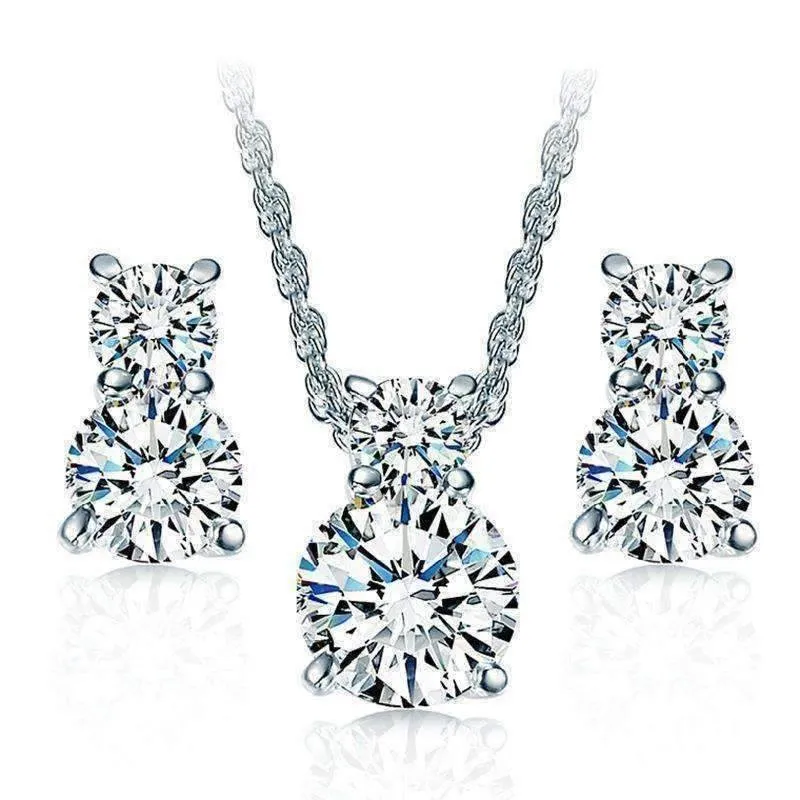 14K White Gold Plated Sparkly Round Cut Simulated Diamond Cz Necklace and Earrings Set for woman