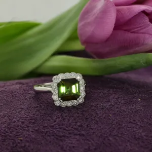 18ct White Gold Green Tourmaline & Diamond Halo Cluster Ring