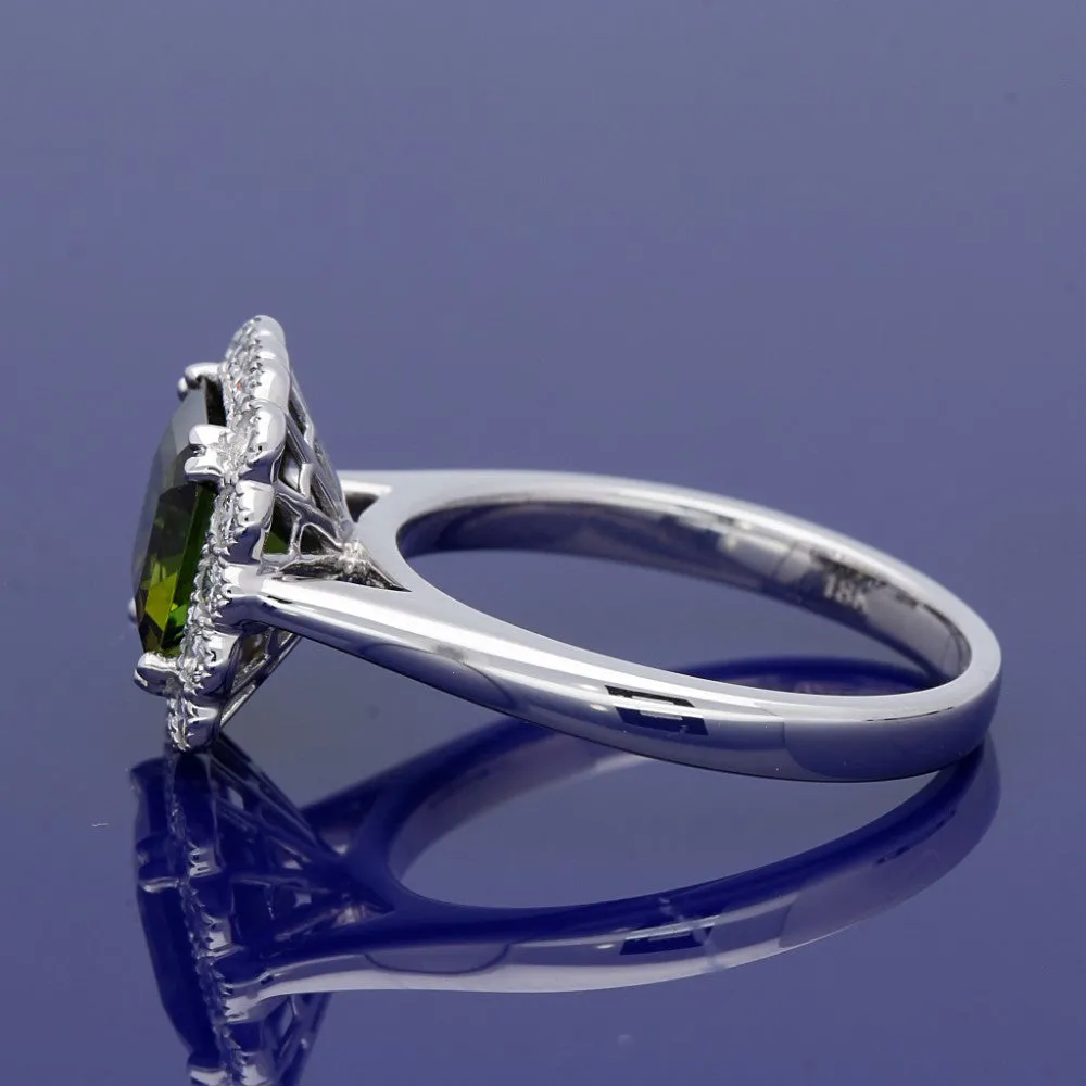 18ct White Gold Green Tourmaline & Diamond Halo Cluster Ring