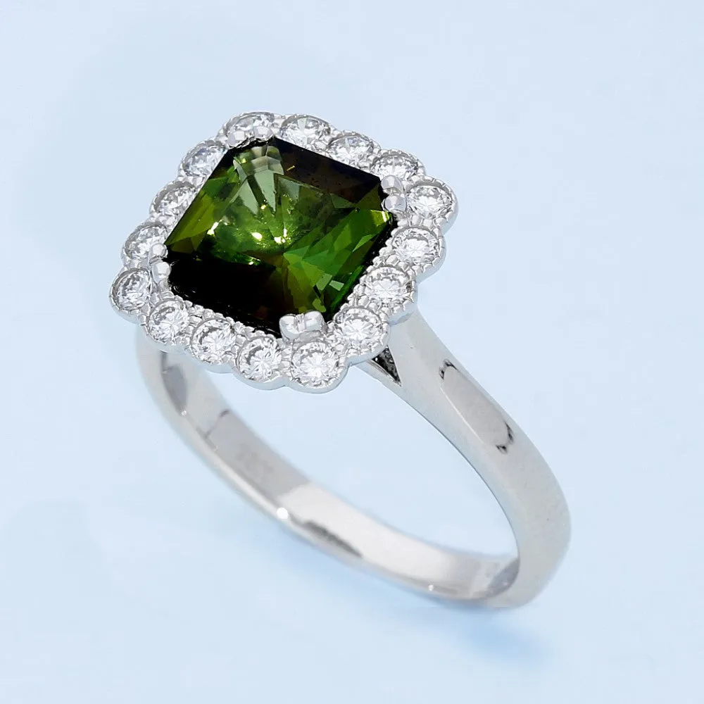 18ct White Gold Green Tourmaline & Diamond Halo Cluster Ring