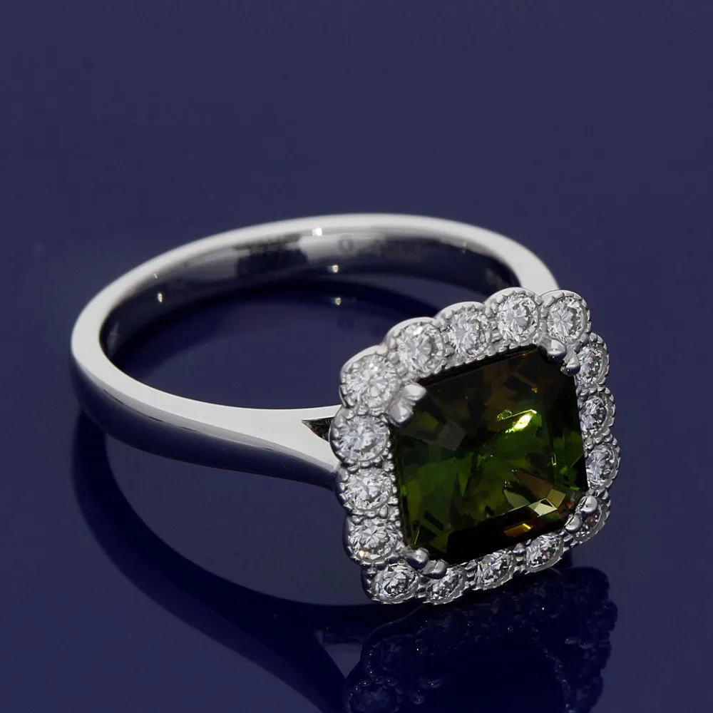 18ct White Gold Green Tourmaline & Diamond Halo Cluster Ring