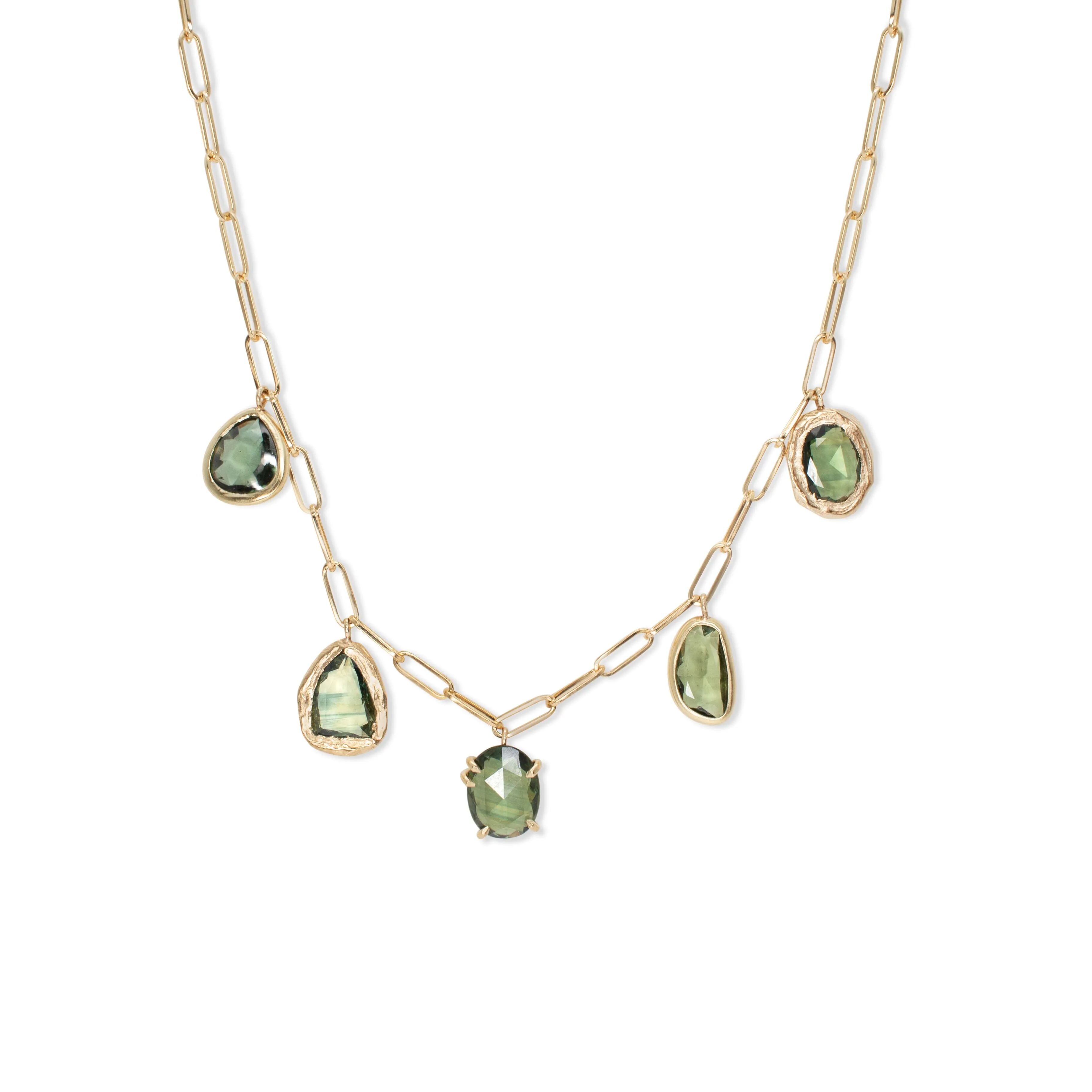 18K Five Stone Necklace in Green Sapphire