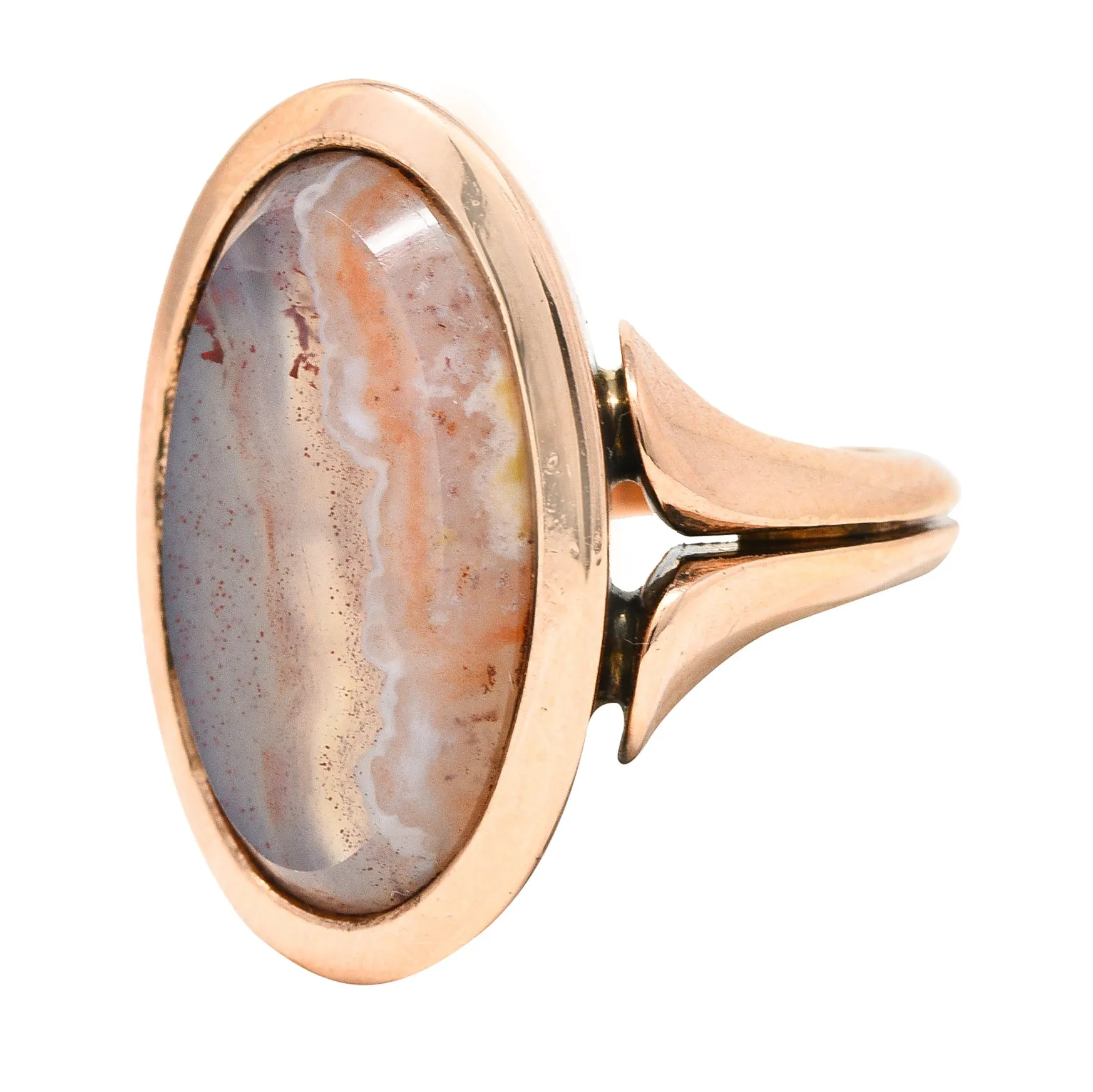 1960's Agate 14 Karat Rose Gold Gingko Leaf Vintage Signet Ring