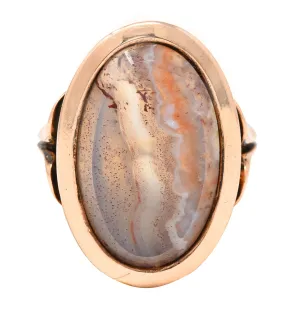 1960's Agate 14 Karat Rose Gold Gingko Leaf Vintage Signet Ring