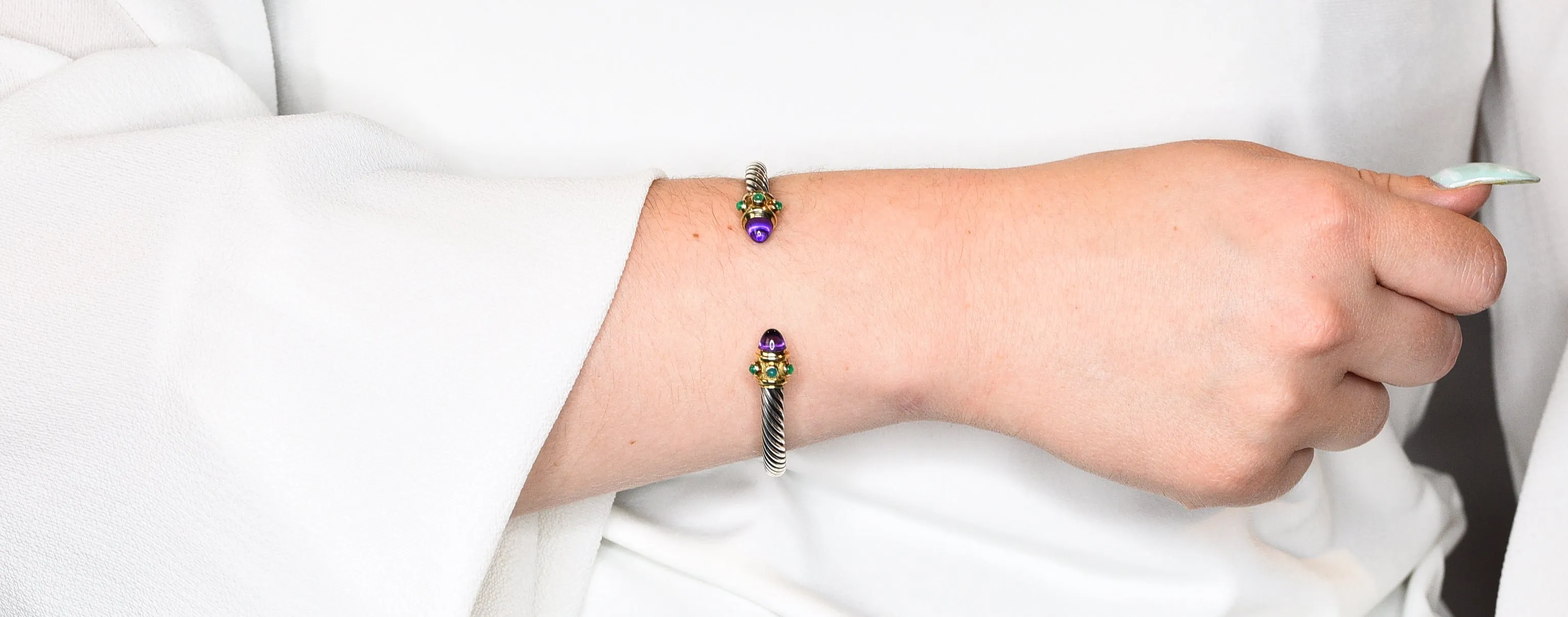 1990's David Yurman Amethyst Chrysoprase 14 Karat Gold Sterling Silver Renaissance Cuff Bracelet