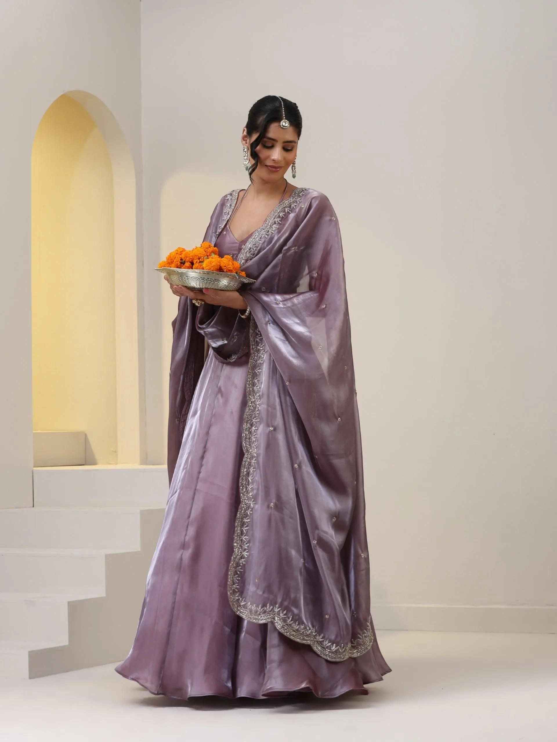 3 pc SET - Mauve Brazil Lehenga with Cut Dana Embroidered Blouse Fabric and Dupatta