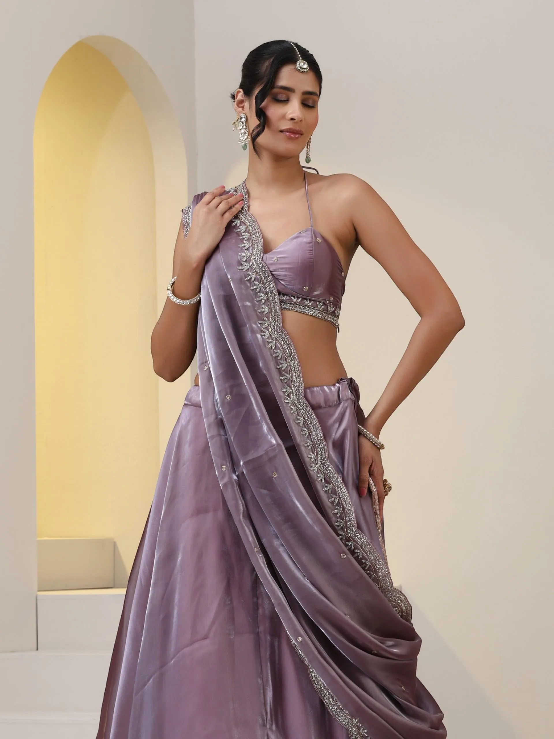 3 pc SET - Mauve Brazil Lehenga with Cut Dana Embroidered Blouse Fabric and Dupatta