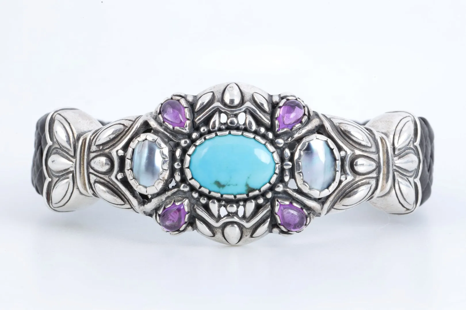 6.5" Carolyn Pollack 925 Silver Multi-Stone Leather Cuff Bracelet (42.77g.)