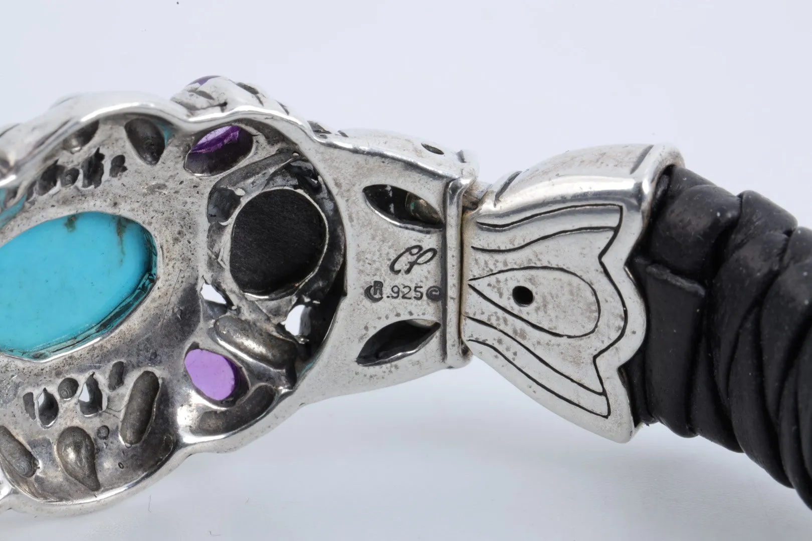 6.5" Carolyn Pollack 925 Silver Multi-Stone Leather Cuff Bracelet (42.77g.)