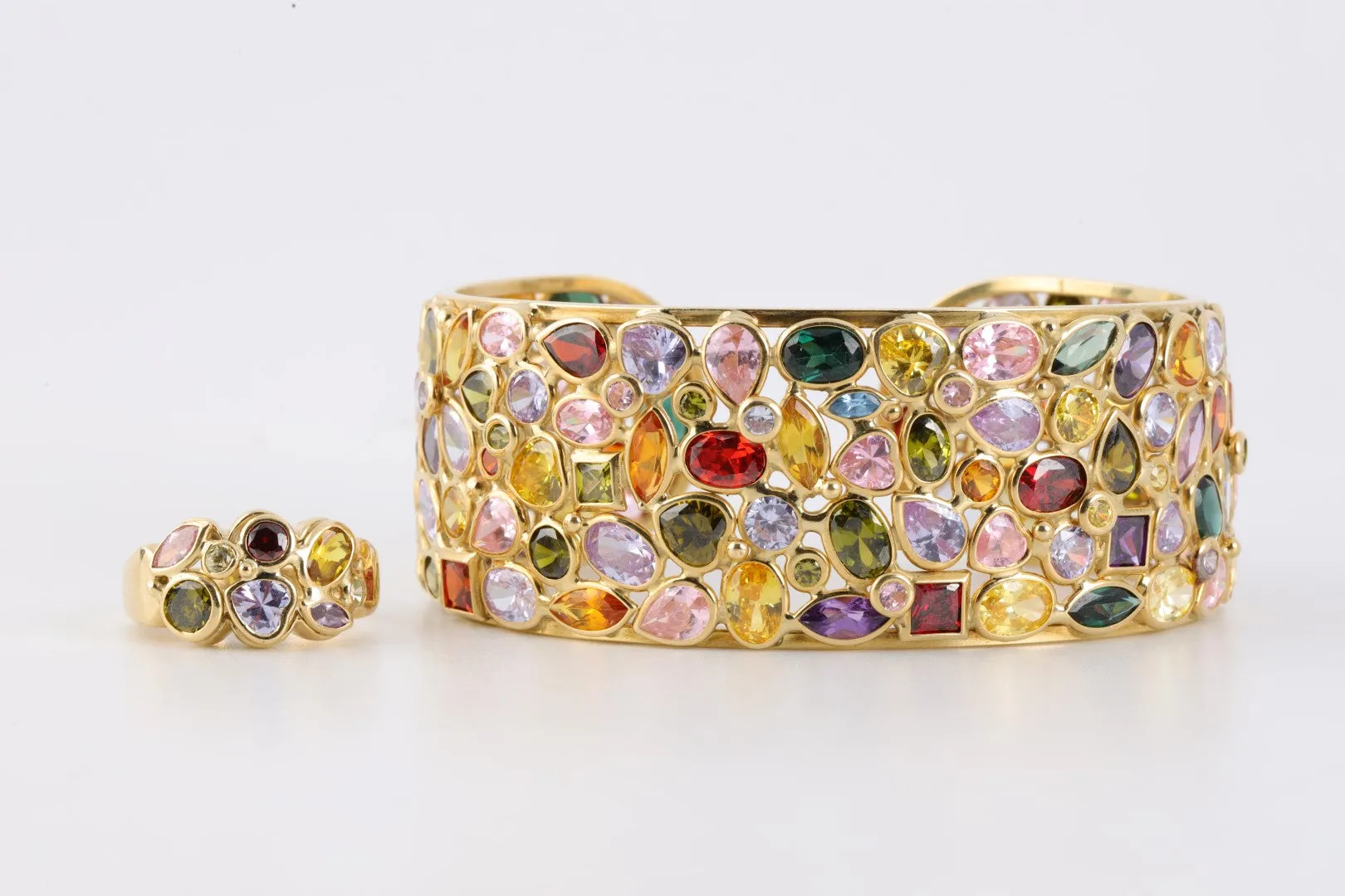 6.75" 18k Yellow Gold Tutti Frutti Cuff Bracelet & Ring Set Size 6.25 (61.25g.)