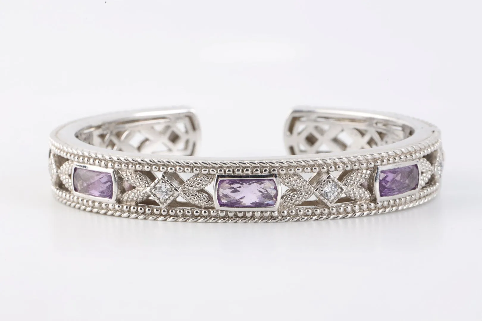 7" Judith Ripka 925 Silver 3.46tcw Amethyst 0.26tcw C.Z. Cuff Bracelet (53.72g.)