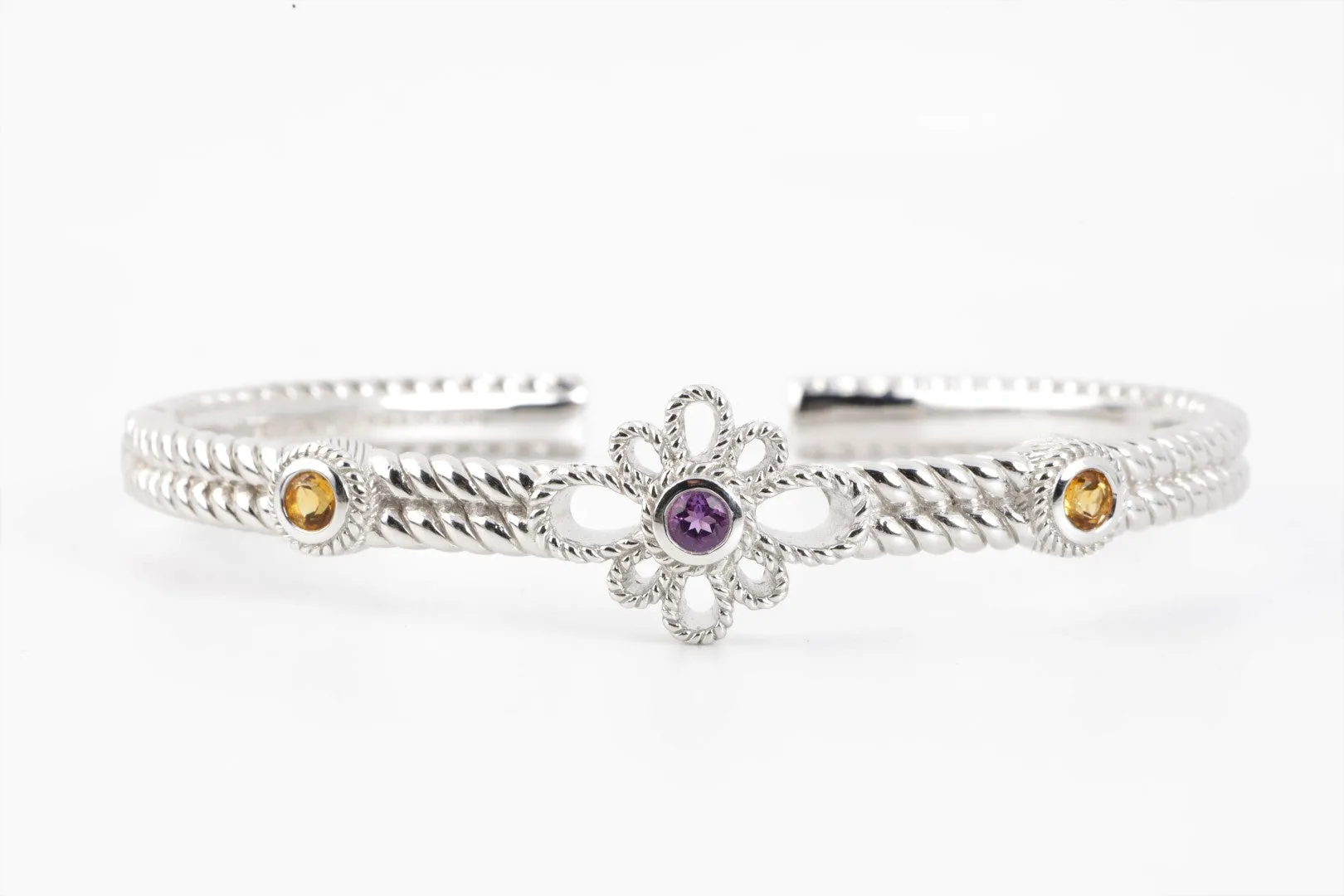 7" Judith Ripka 925 Silver Citrine & Amethyst Floral Cuff Bracelet (31.28g.)