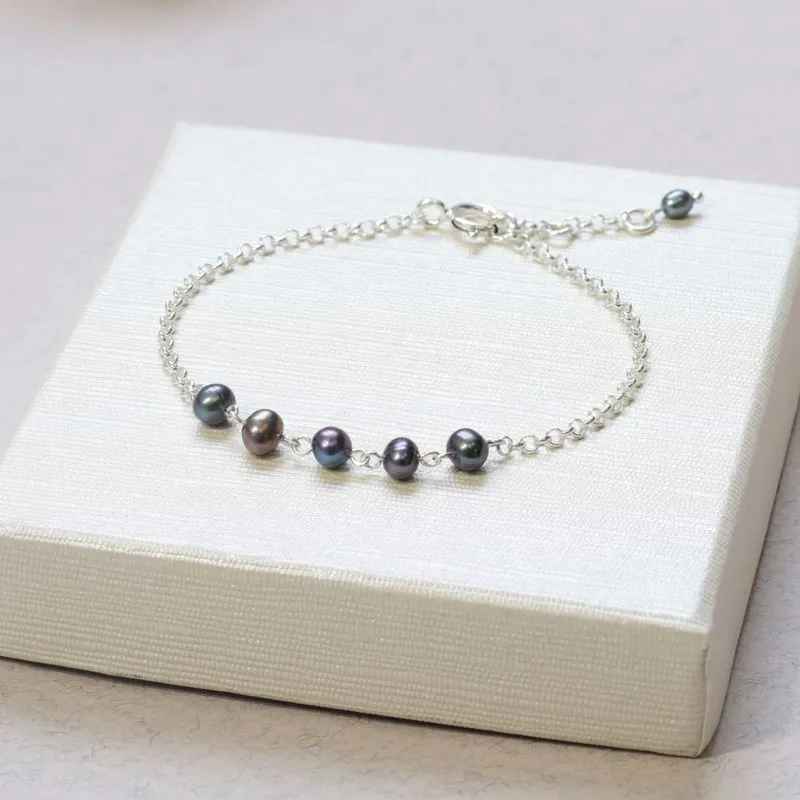 925 Silver Black Pearl Bracelet - June Birthstone Gift for Her