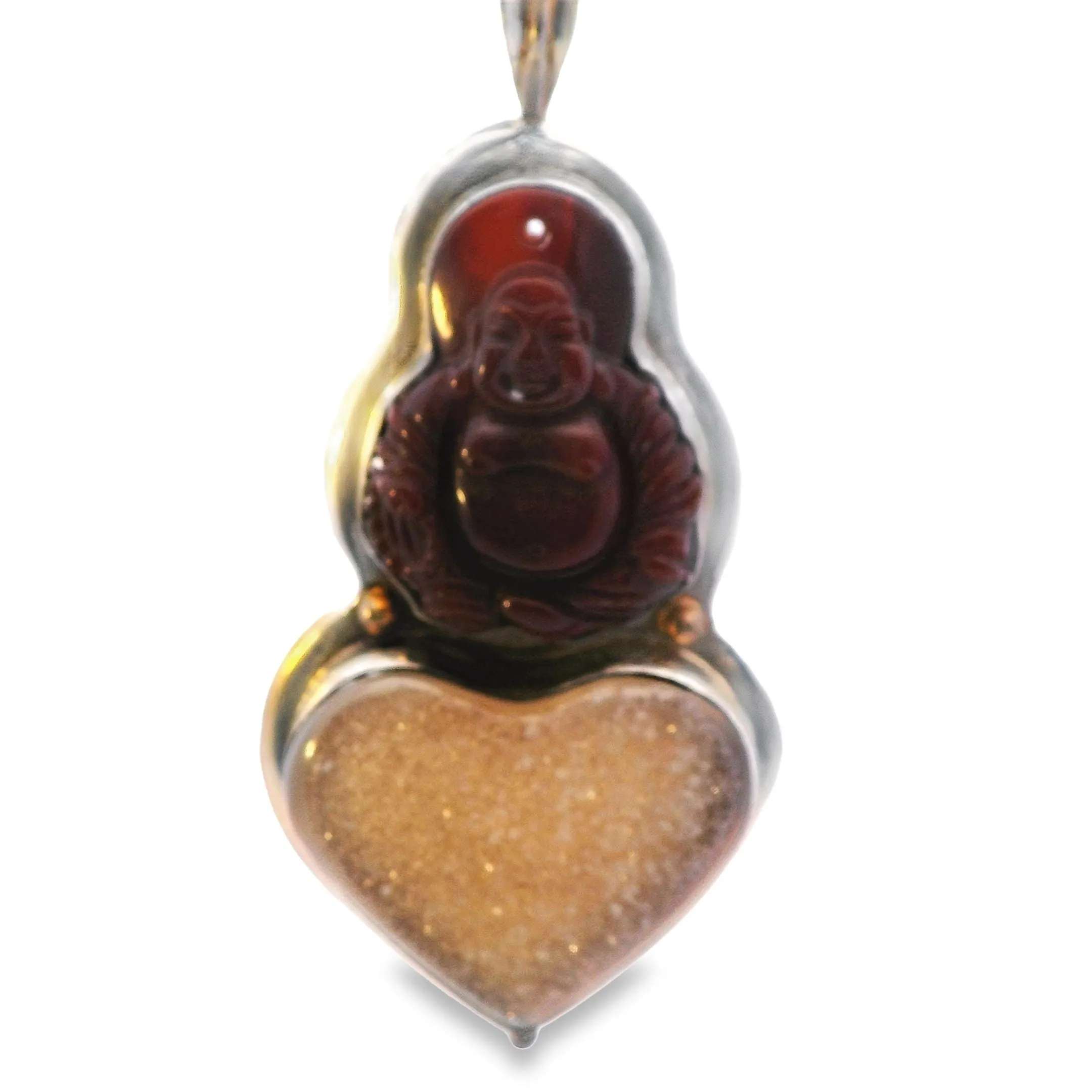 Agate Buddha & Druzy Quartz Heart Pendant - Unique Valentine's Gift