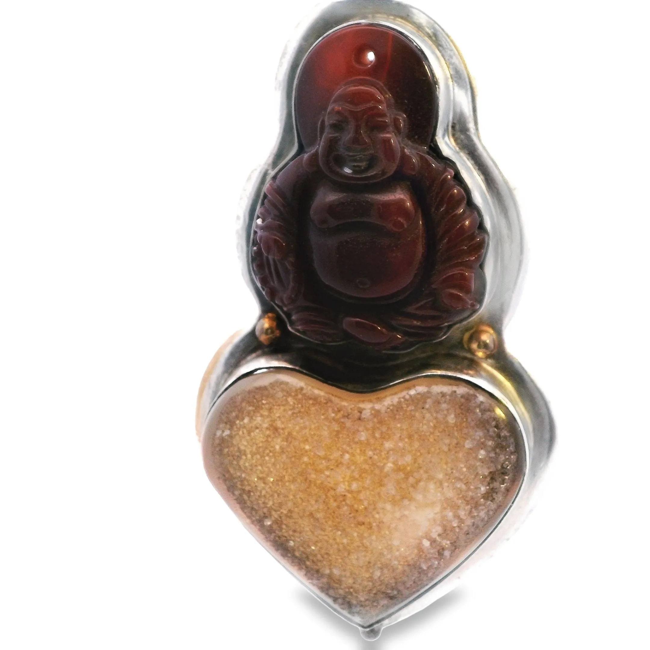 Agate Buddha & Druzy Quartz Heart Pendant - Unique Valentine's Gift