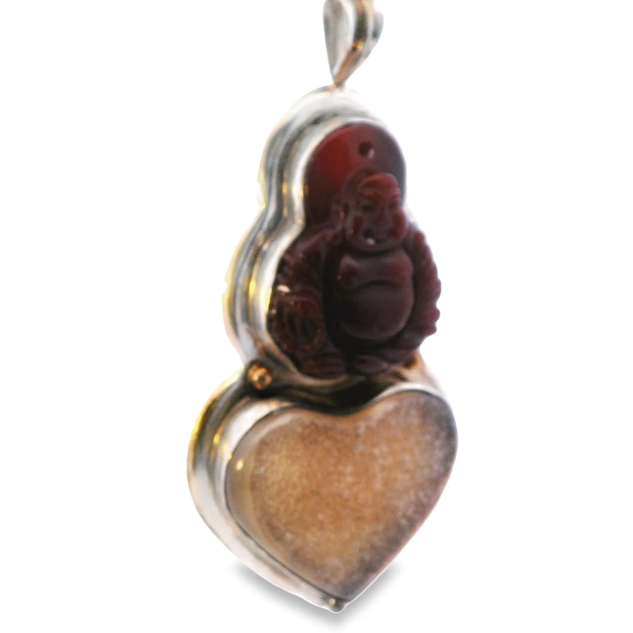 Agate Buddha & Druzy Quartz Heart Pendant - Unique Valentine's Gift