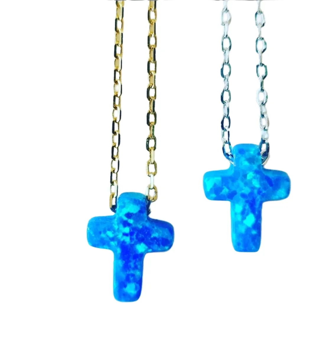 Agean Sea Blue Opal Cross Necklace