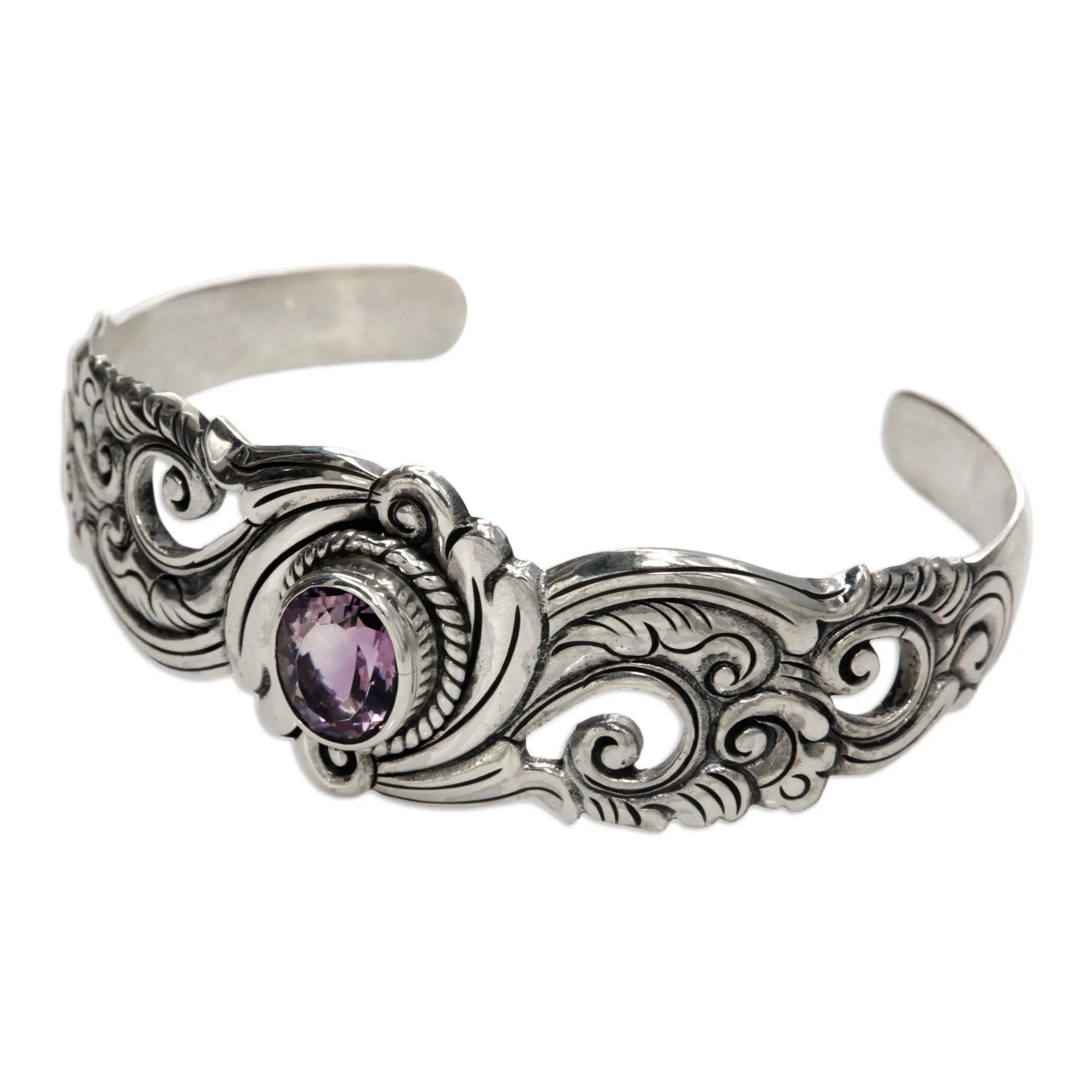 Amethyst & Silver Floral Paisley Cuff Bracelet