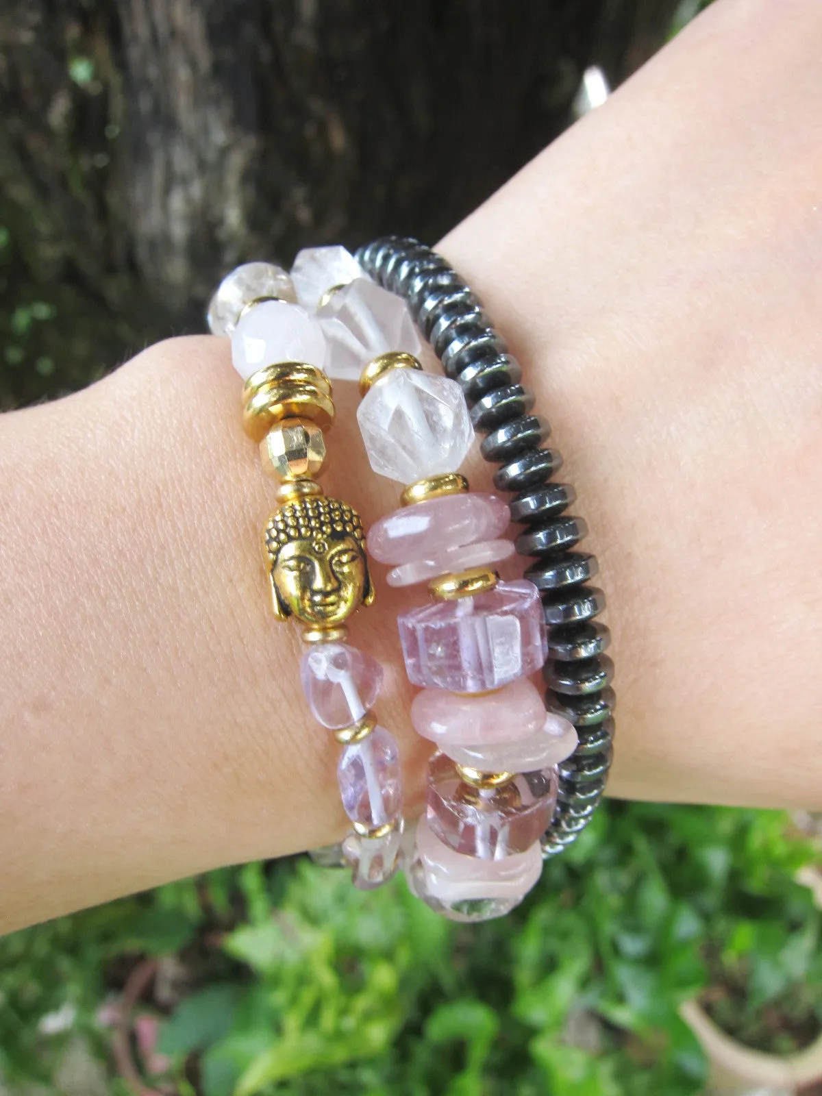 Ametrine, Cacoxenite Quartz, Rose Quartz and Lavender Chevron Mala Bracelet in 27 Beads