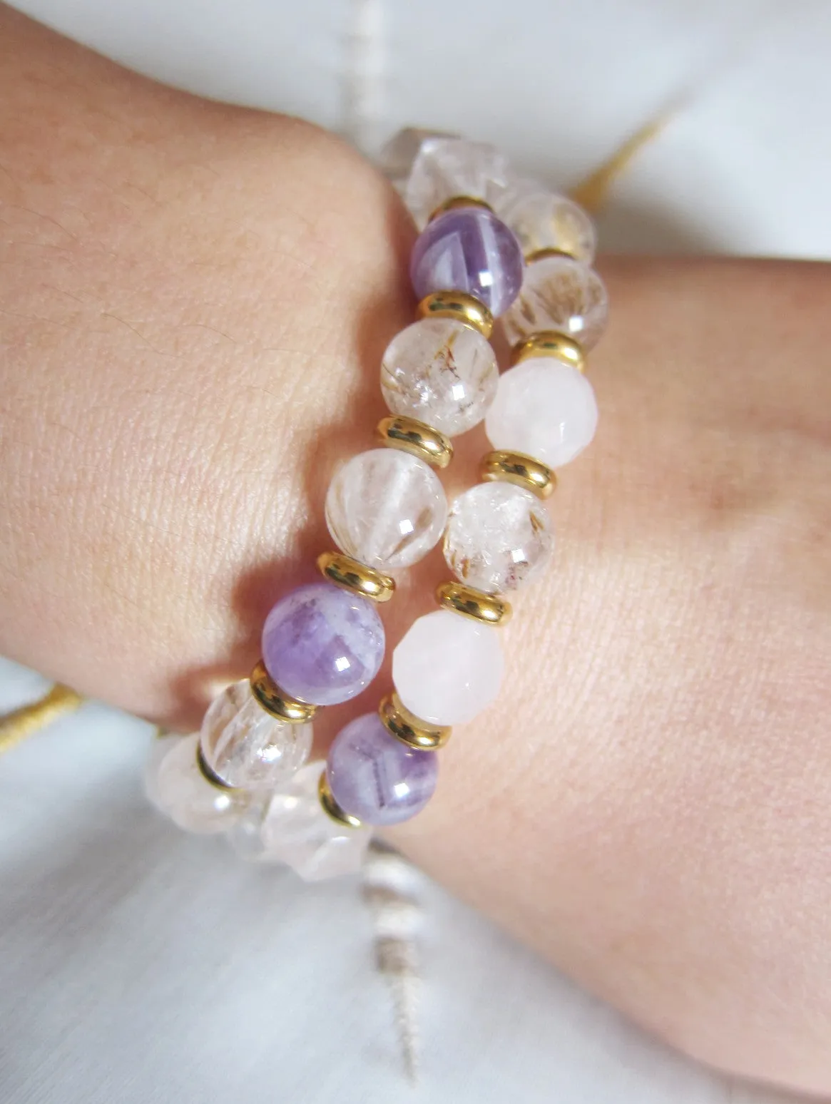 Ametrine, Cacoxenite Quartz, Rose Quartz and Lavender Chevron Mala Bracelet in 27 Beads