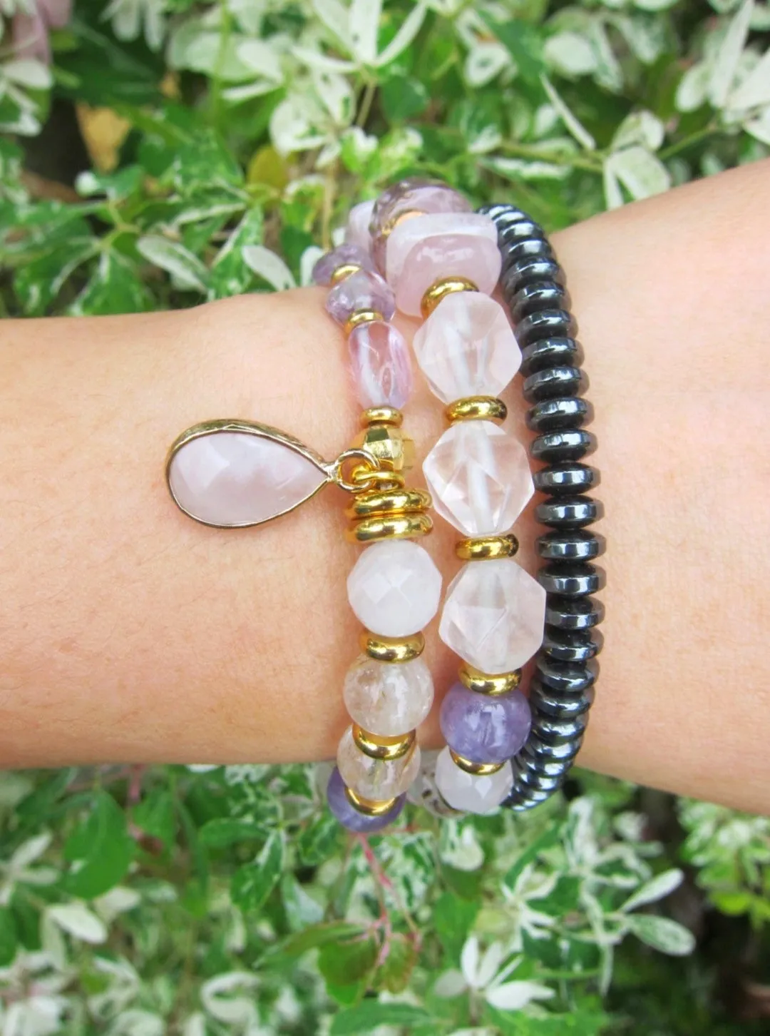 Ametrine, Cacoxenite Quartz, Rose Quartz and Lavender Chevron Mala Bracelet in 27 Beads