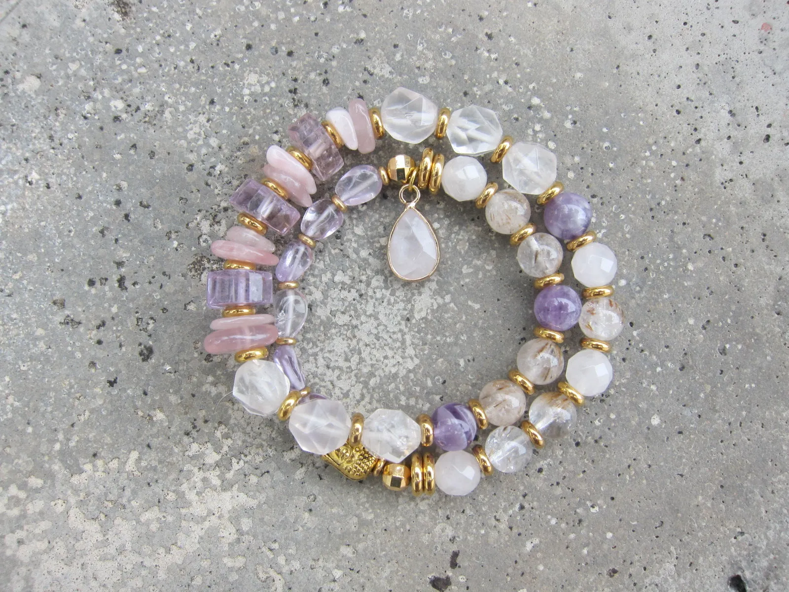 Ametrine, Cacoxenite Quartz, Rose Quartz and Lavender Chevron Mala Bracelet in 27 Beads