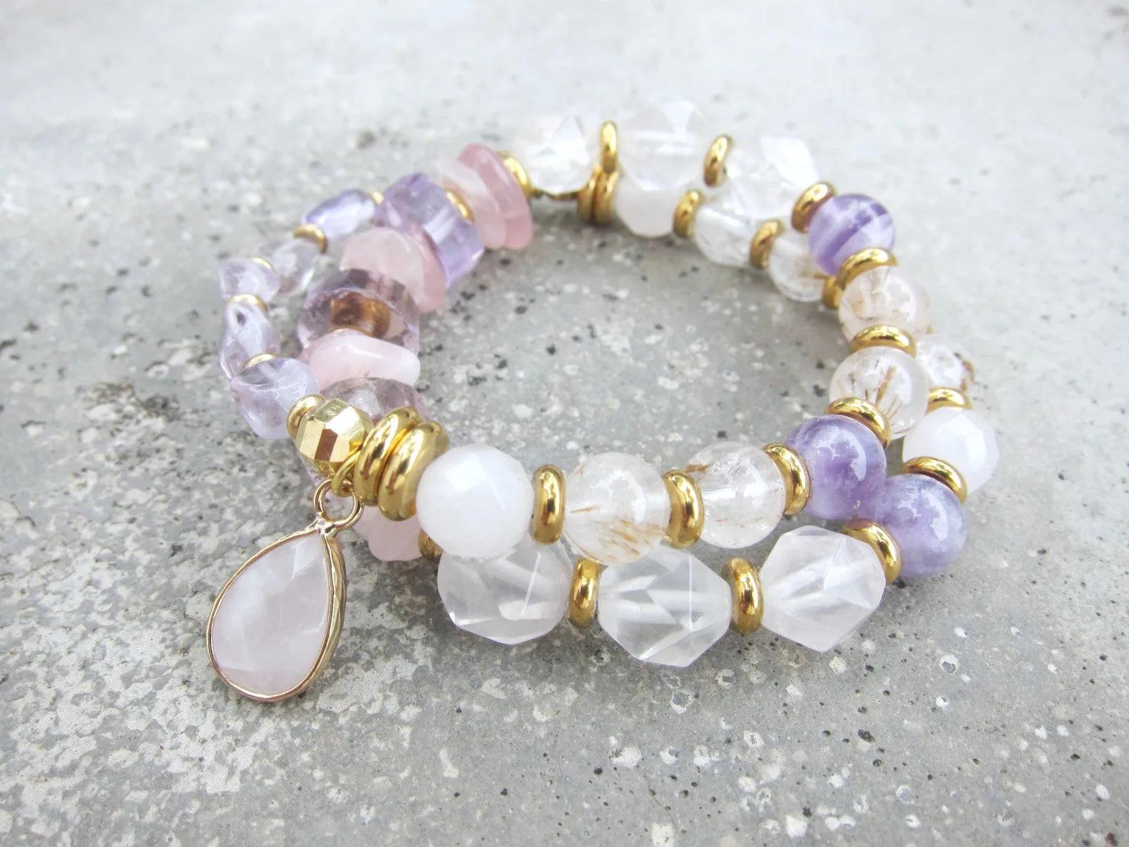 Ametrine, Cacoxenite Quartz, Rose Quartz and Lavender Chevron Mala Bracelet in 27 Beads