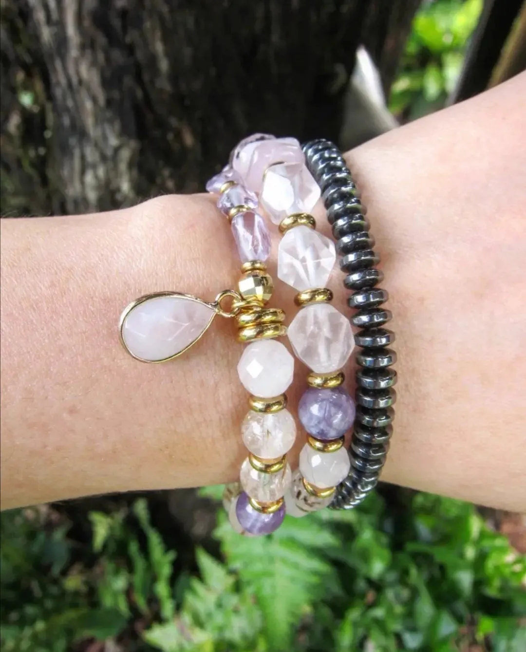 Ametrine, Cacoxenite Quartz, Rose Quartz and Lavender Chevron Mala Bracelet in 27 Beads