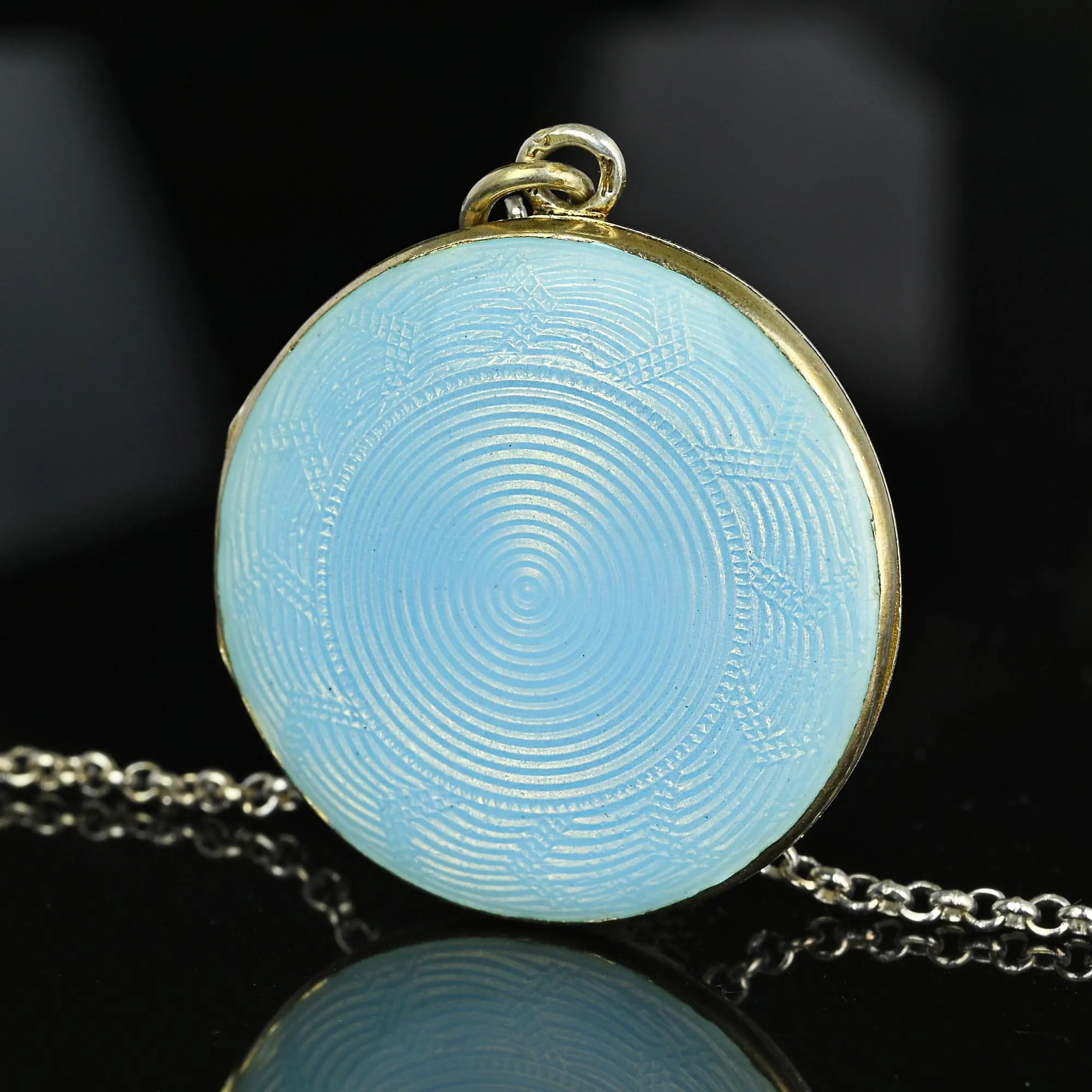 Art Deco Large Blue Guilloche Enamel Gold Gilt Silver Locket