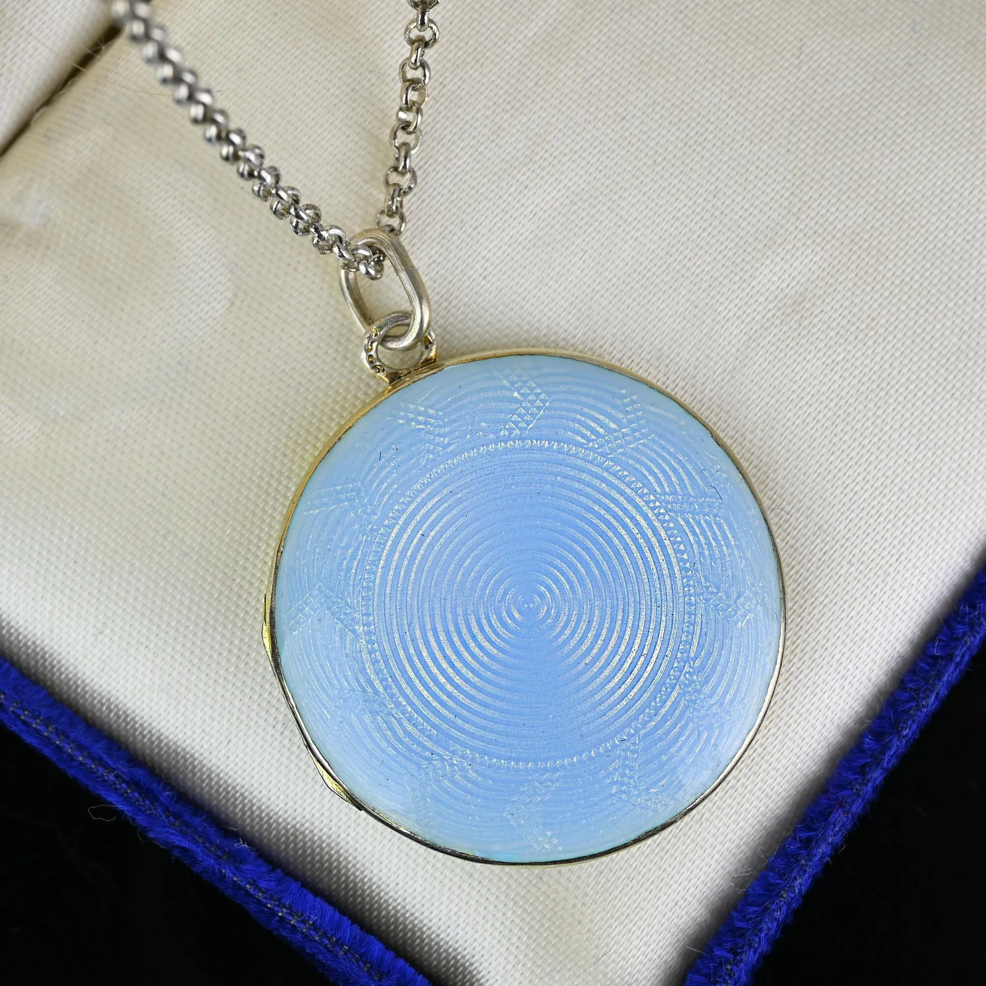 Art Deco Large Blue Guilloche Enamel Gold Gilt Silver Locket