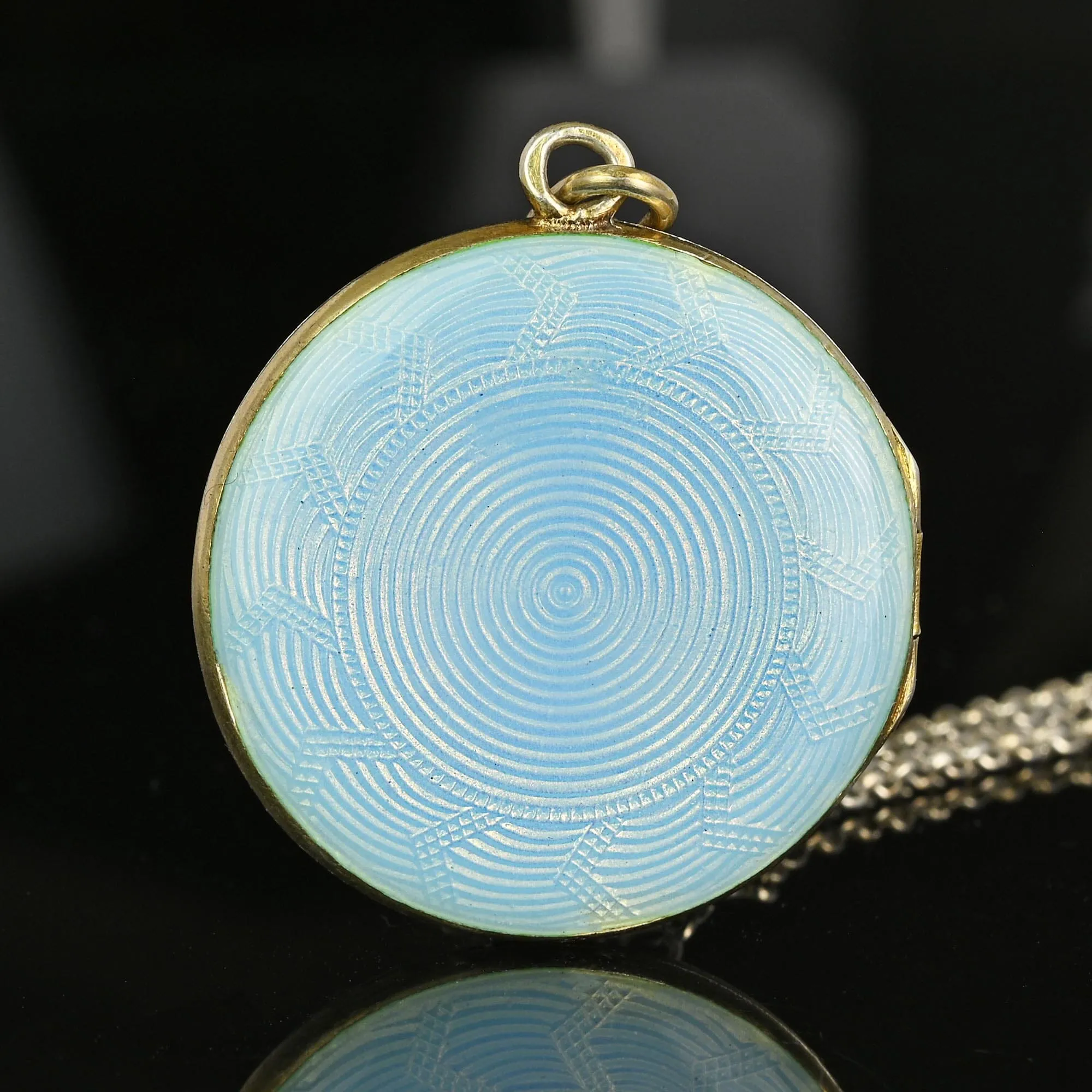 Art Deco Large Blue Guilloche Enamel Gold Gilt Silver Locket