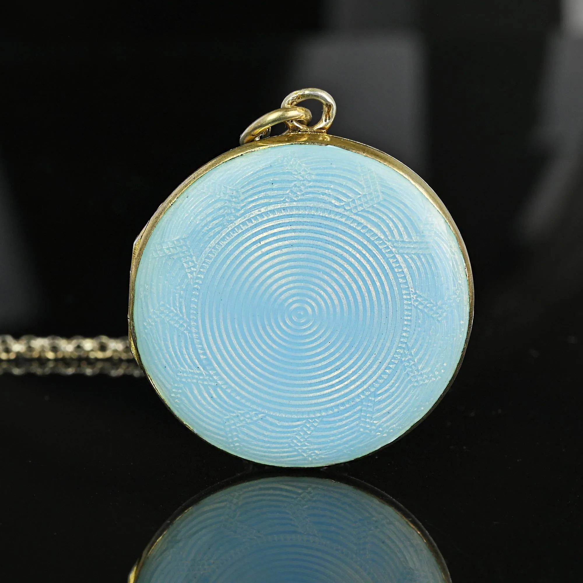 Art Deco Large Blue Guilloche Enamel Gold Gilt Silver Locket