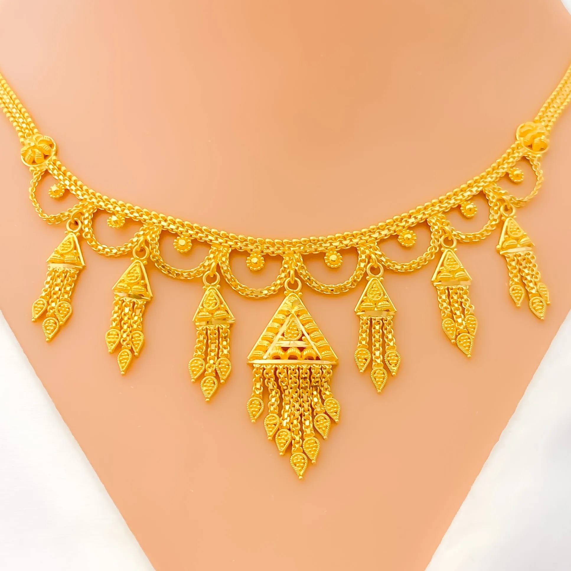 Artistic Dangling Triangle 22k Gold Laced Necklace Set