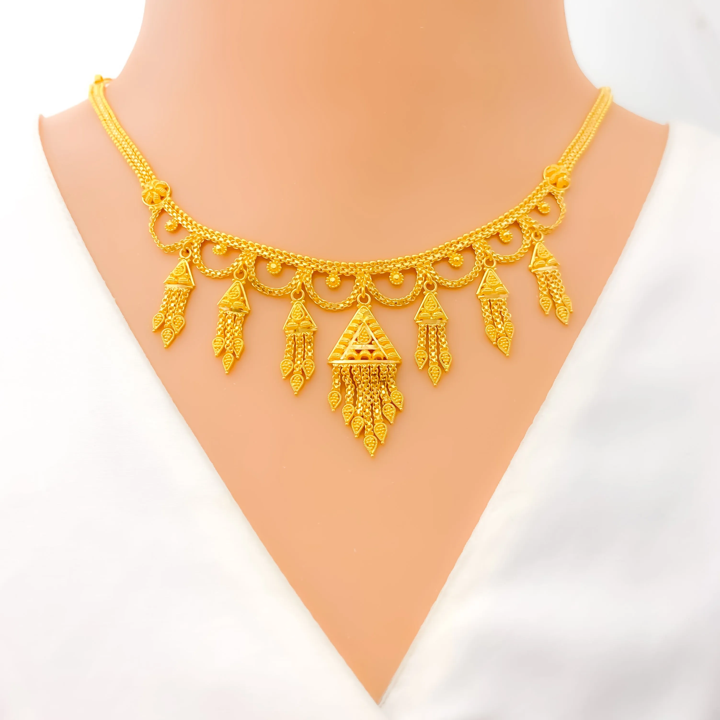 Artistic Dangling Triangle 22k Gold Laced Necklace Set