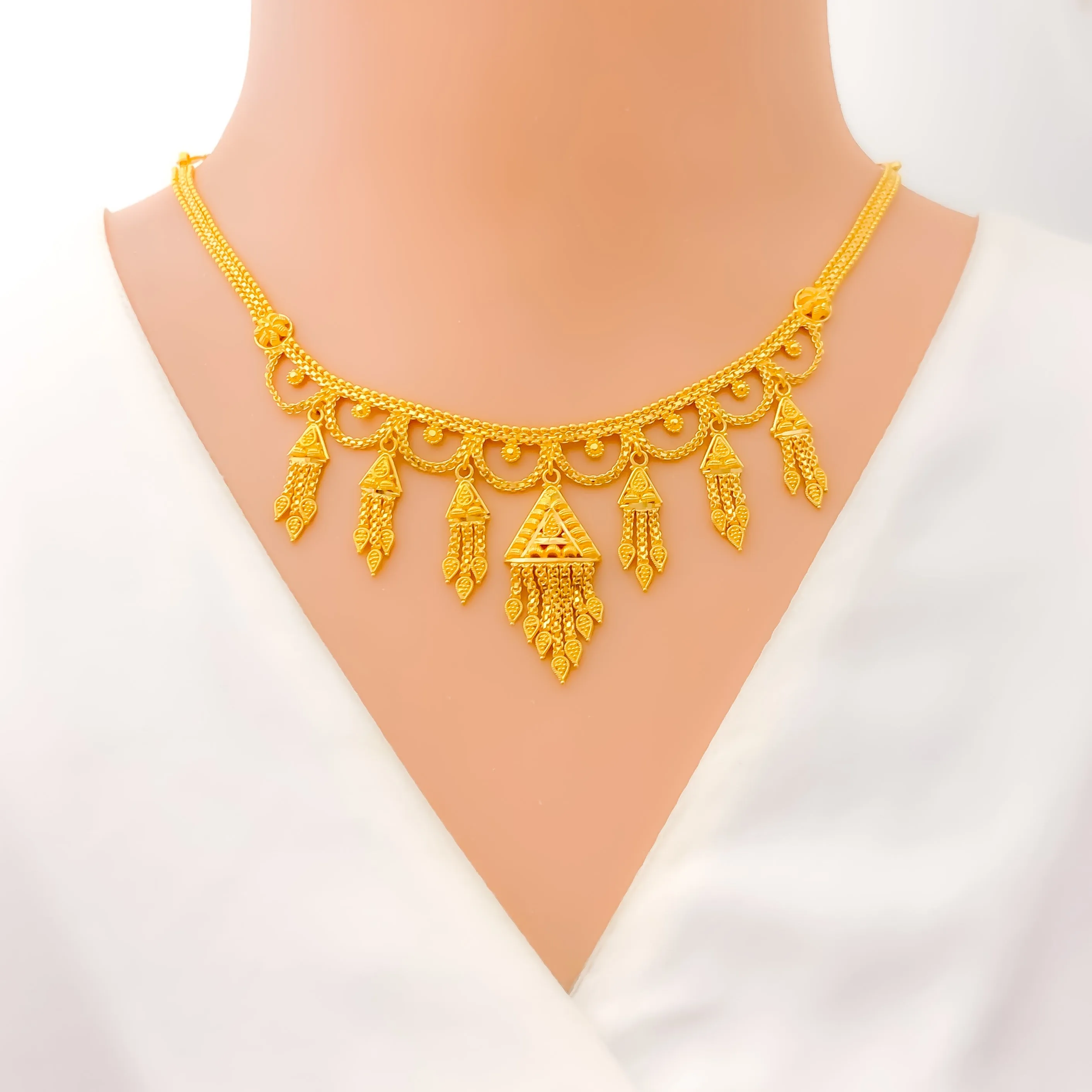 Artistic Dangling Triangle 22k Gold Laced Necklace Set