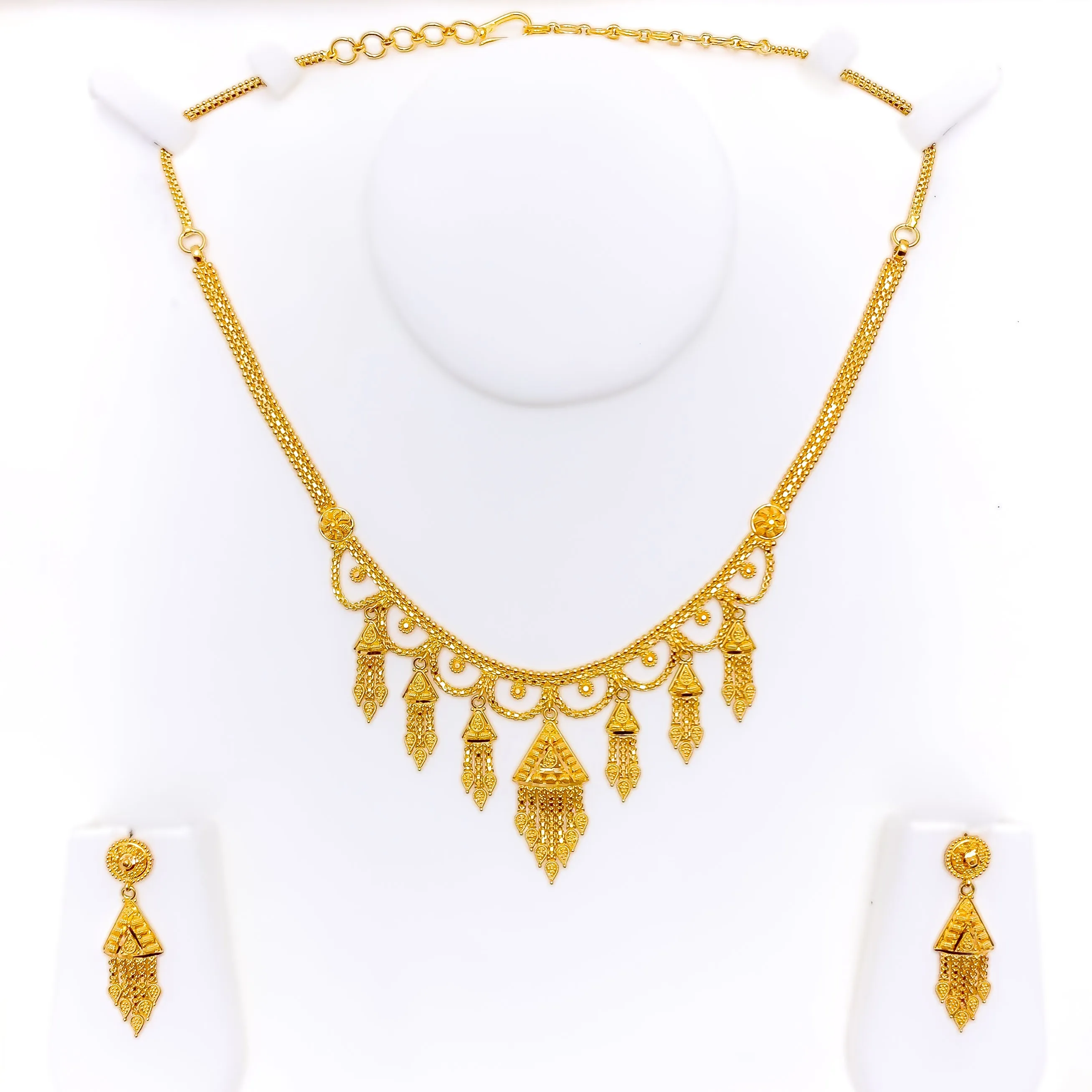 Artistic Dangling Triangle 22k Gold Laced Necklace Set