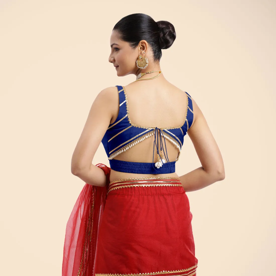 Arya x Tyohaar | Cobalt Blue Sleeveless FlexiFit™ Saree Blouse with Square Neck and Back Window Embeliished with Golden Gota and Pearl Lace