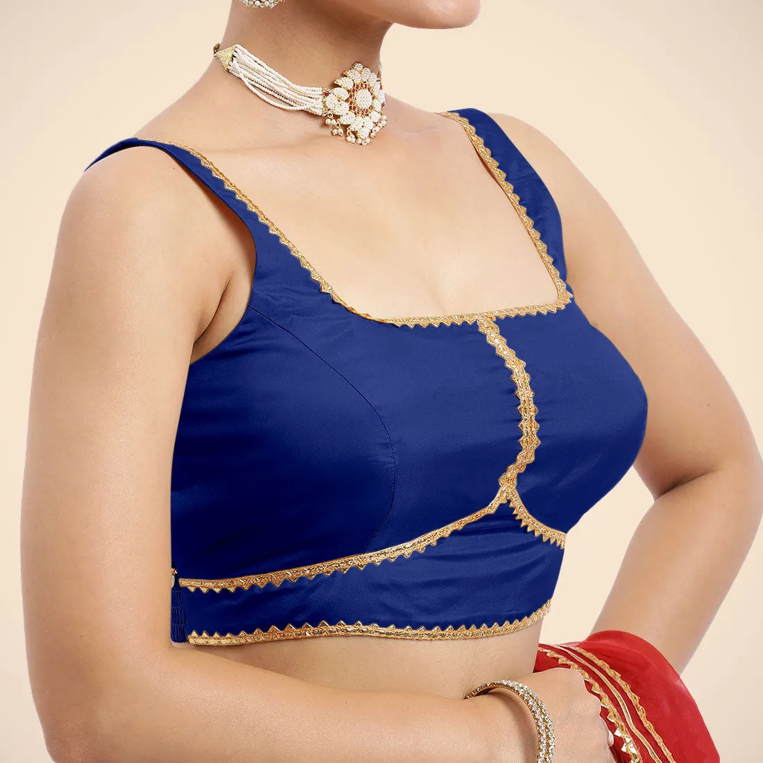 Arya x Tyohaar | Cobalt Blue Sleeveless FlexiFit™ Saree Blouse with Square Neck and Back Window Embeliished with Golden Gota and Pearl Lace