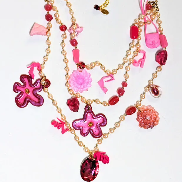 Barbie Shoe and Flower Power Hot Pink Necklace Pearls Vintage Sugar Gay Isber Multi-strand