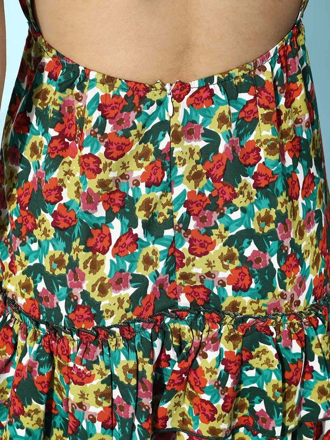 Berrylush Women Multicolored Floral Printed Backless A-Line Mini Dress