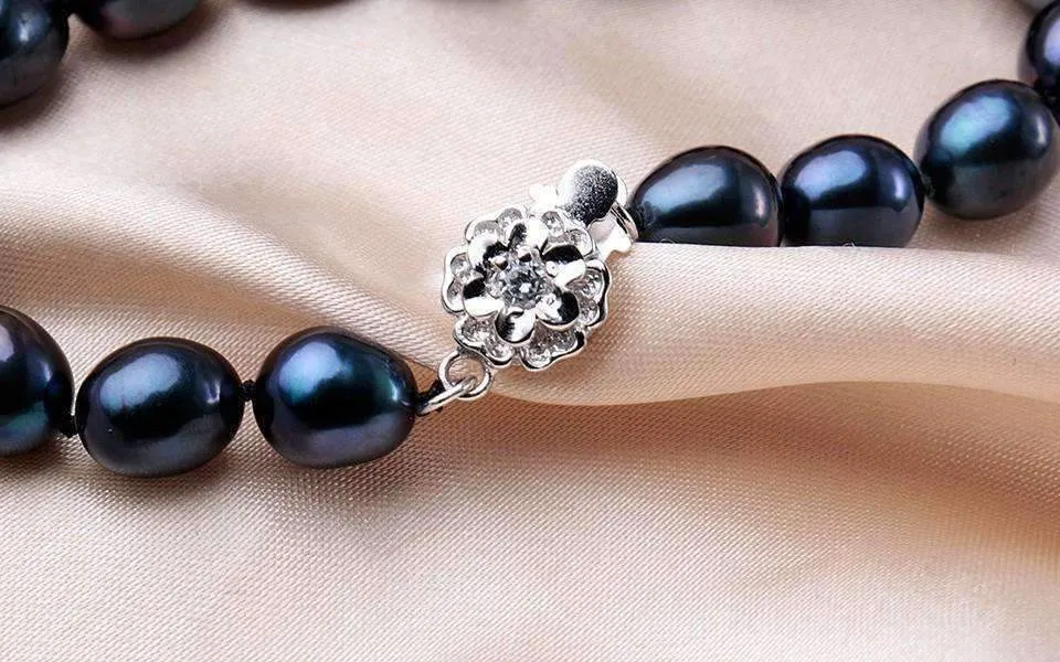 Black Genuine Freshwater Pearl Sterling Silver Necklace for Women