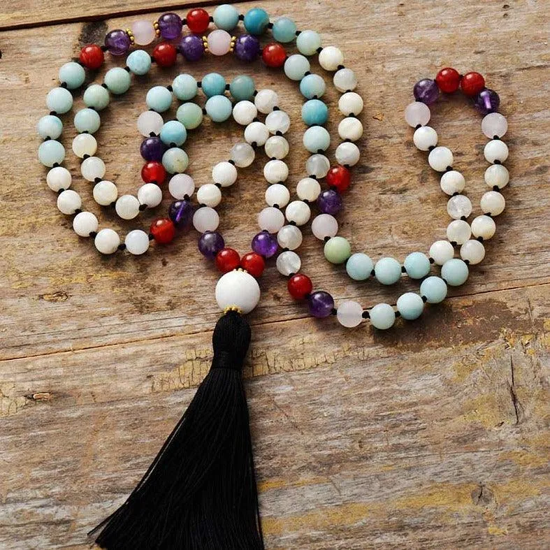 Black Tassel Moonstone Agate Amethyst 108 Mala