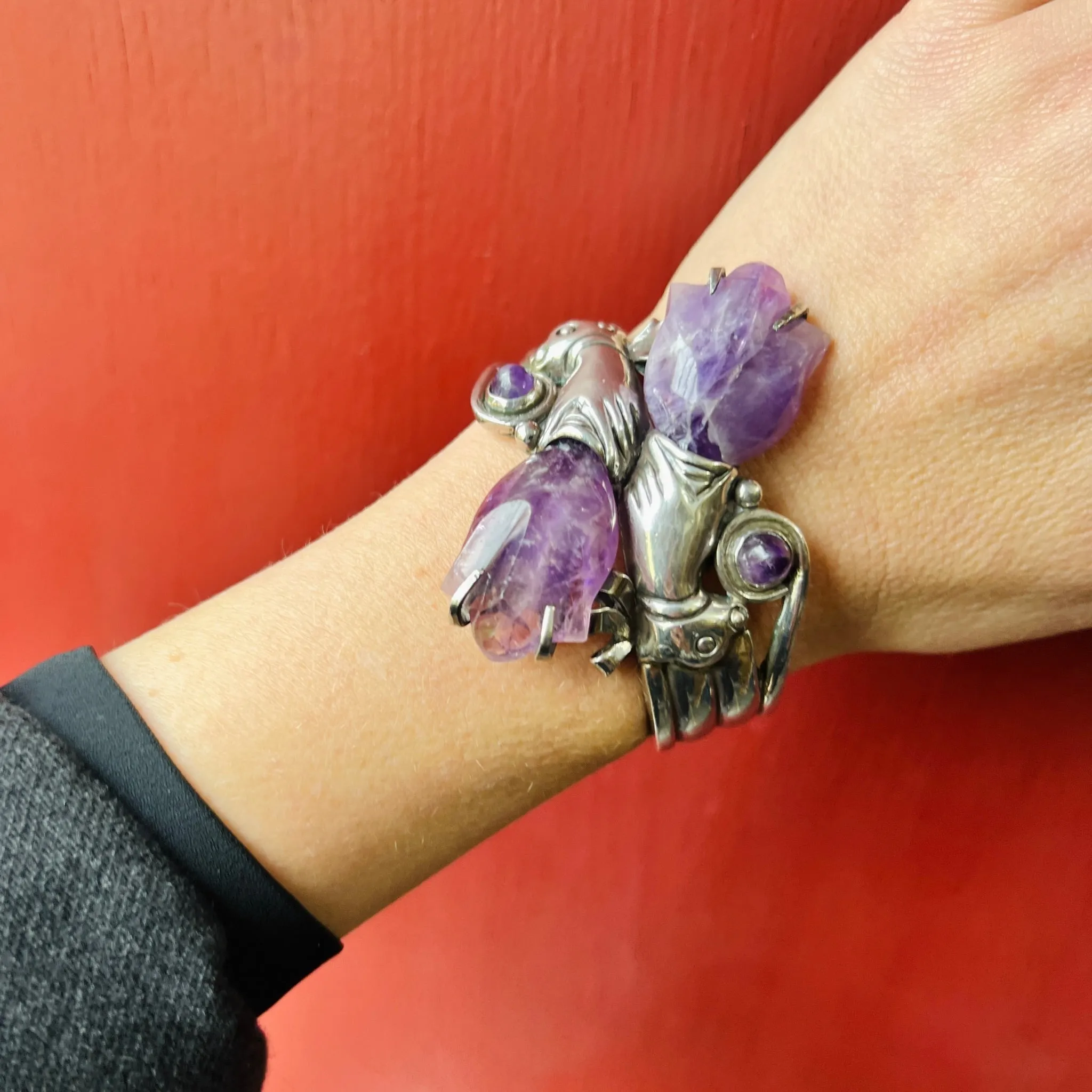 Breathtaking Spratling Silver & Amethyst Flower Cuff