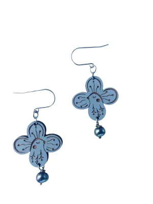 Bright Blue  Bird Flower Earrings, Lightweight, Hypoallergenic, Made in Vermont