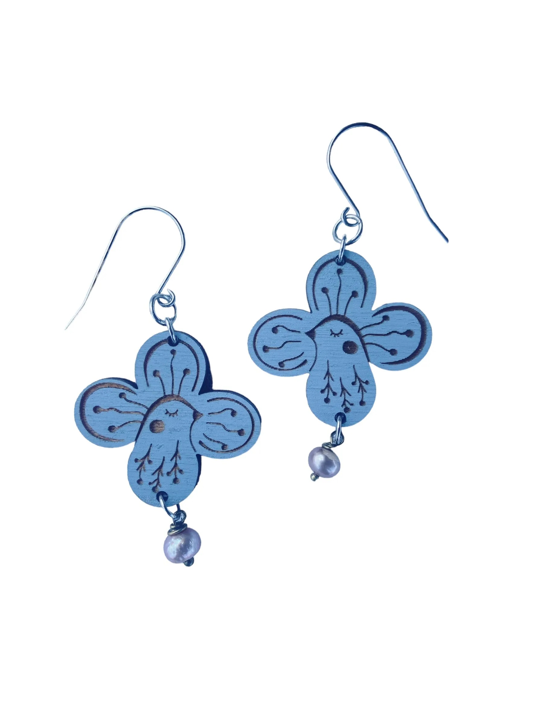 Bright Blue  Bird Flower Earrings, Lightweight, Hypoallergenic, Made in Vermont