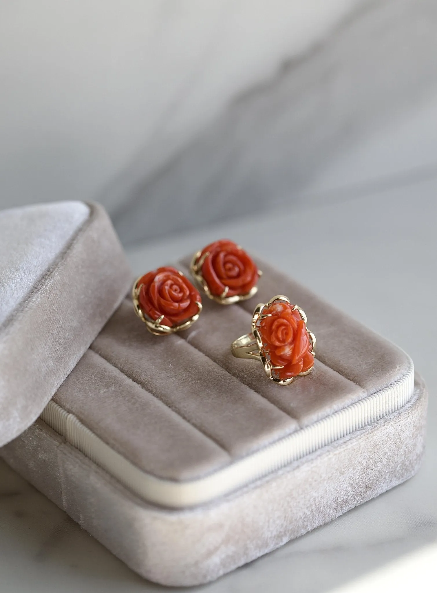 Carved Coral Yellow Gold Earrings & Ring Set