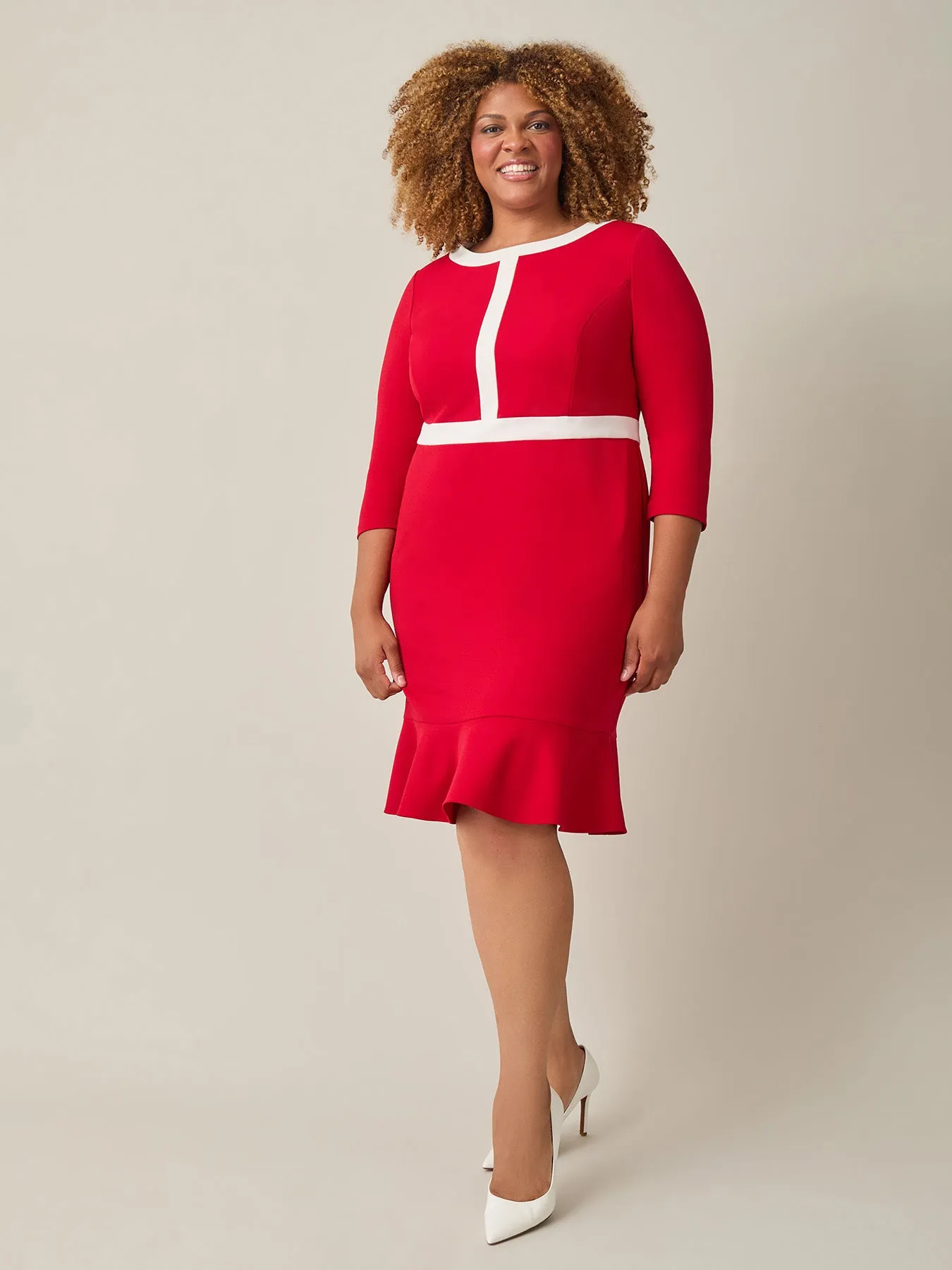 Colorblock Ruffle Hem Dress, Crimson/Cream